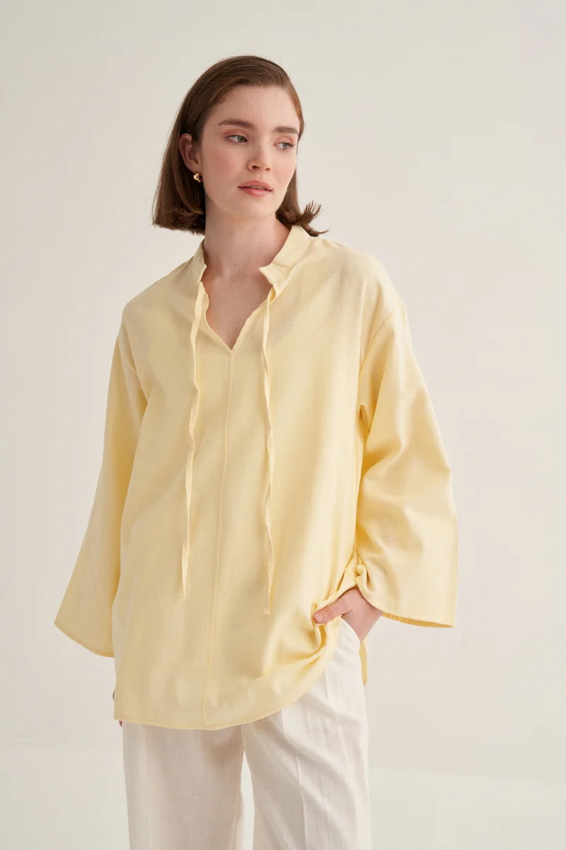 Butter yellow organic cotton v-neck blouse