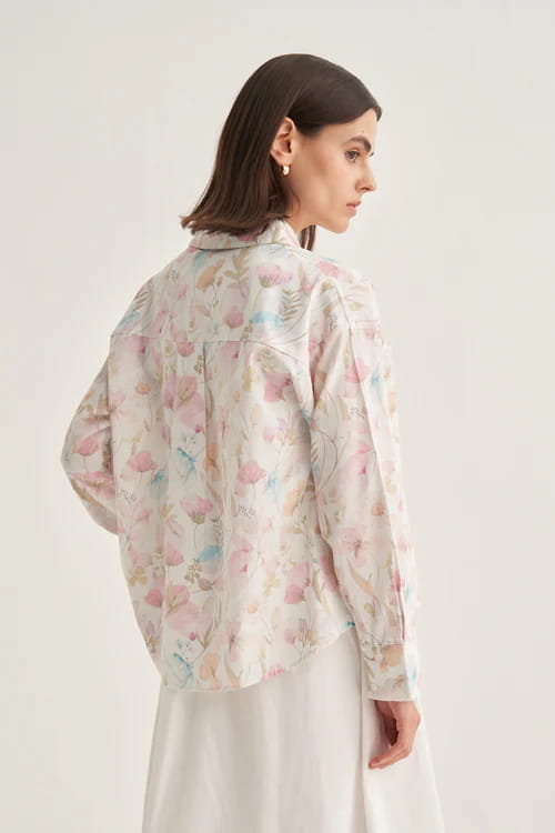 Ecru spring print oversized poplin cropped shirt