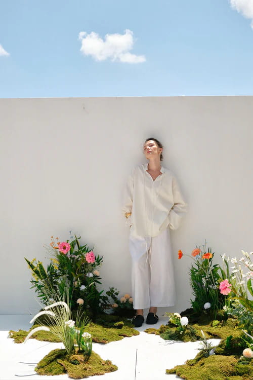 Ecru organic cotton v-neck blouse