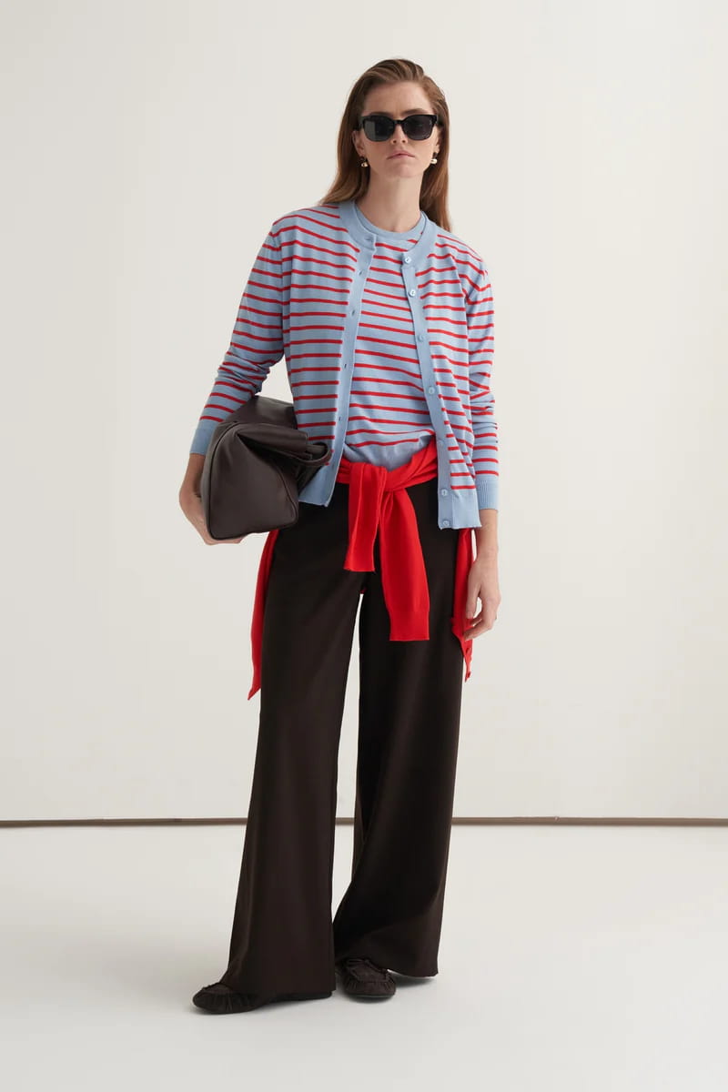 Red striped viscose knitwear t-shirt cardigan set