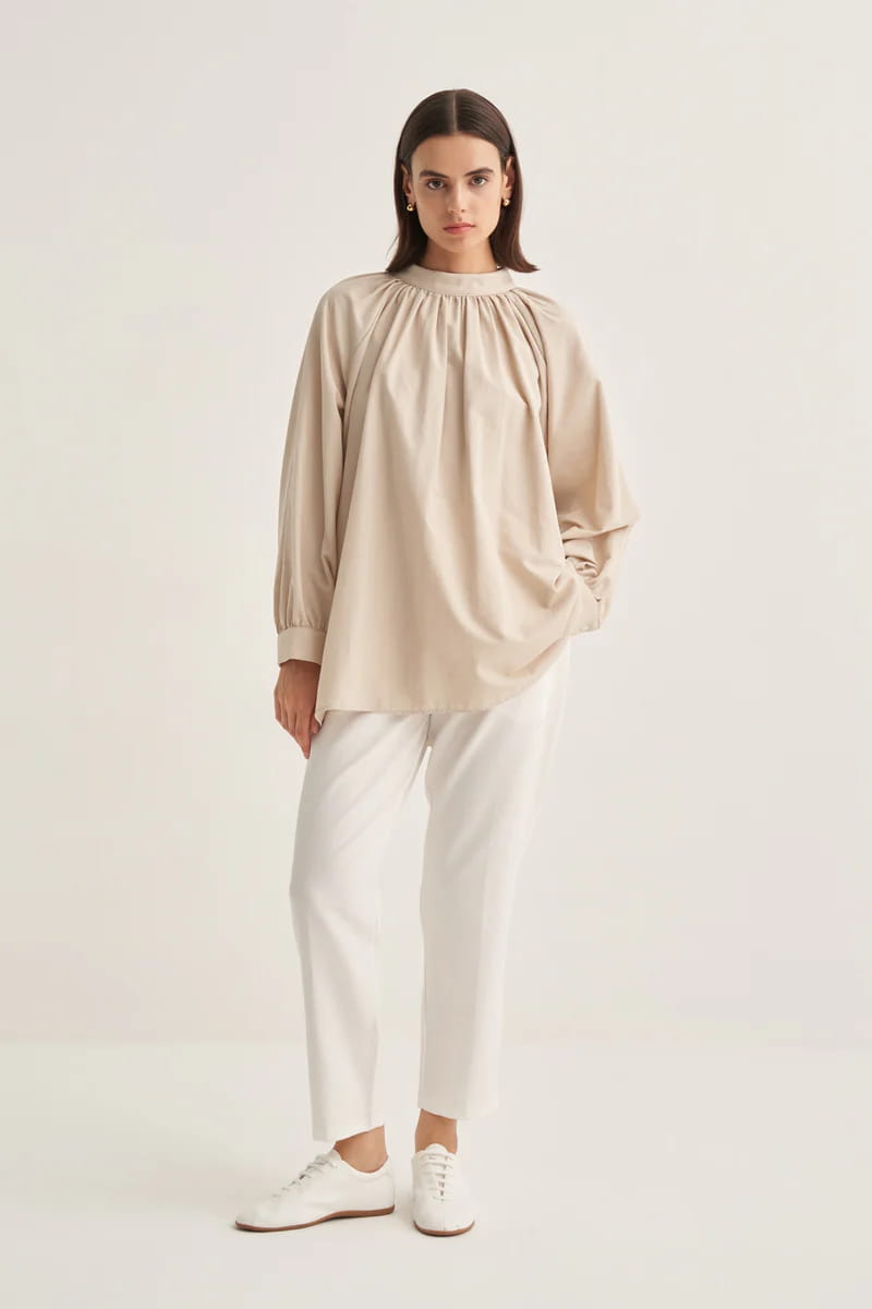 Beige collared poplin blouse