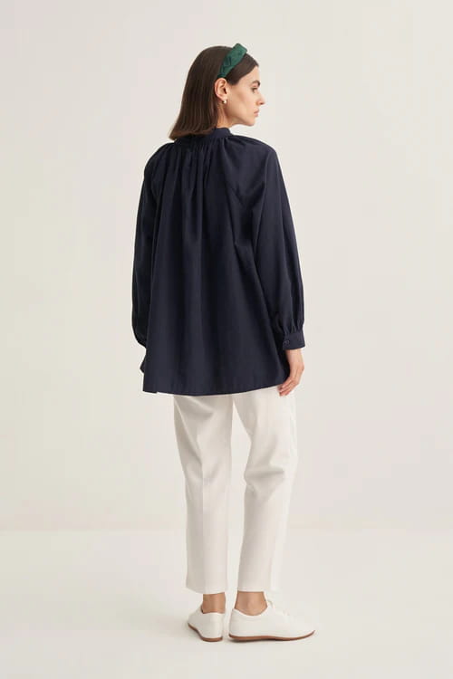 Navy collared poplin blouse