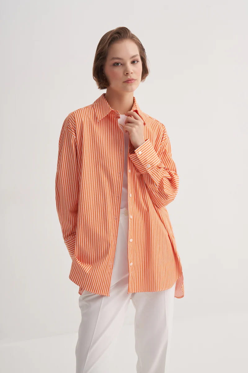 Orange striped oversized poplin yoke shirt