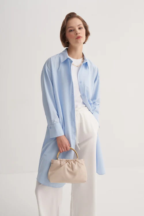 Blue poplin basic long shirt