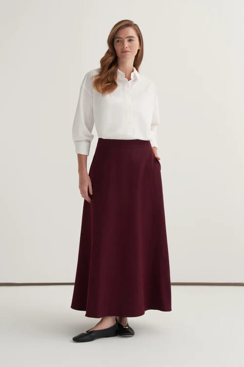 Burgundy gabardine vest skirt suit