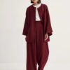 Burgundy draped cotton kimono shirt