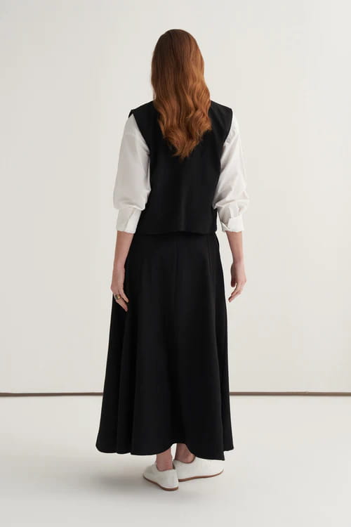 Black gabardine vest skirt suit