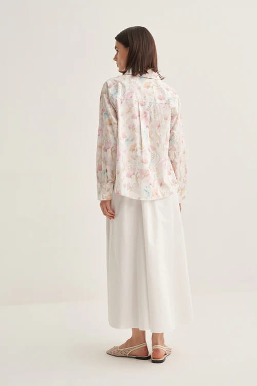 Ecru spring print oversized poplin cropped shirt