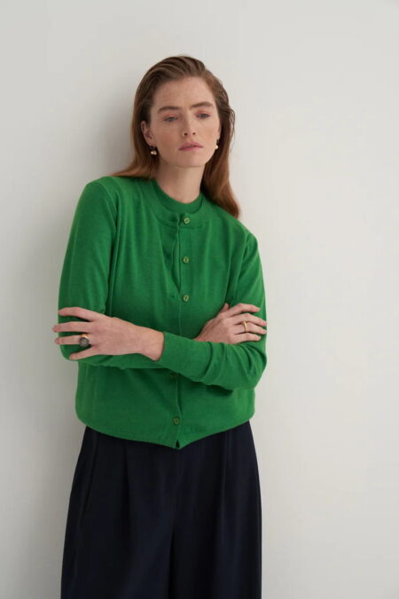 Grass green viscose knitwear t-shirt cardigan set
