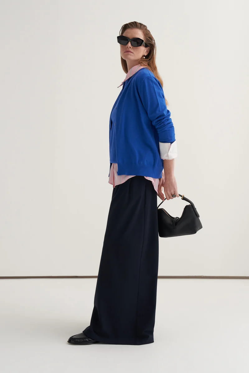 Cobalt blue viscose knitwear t-shirt cardigan set