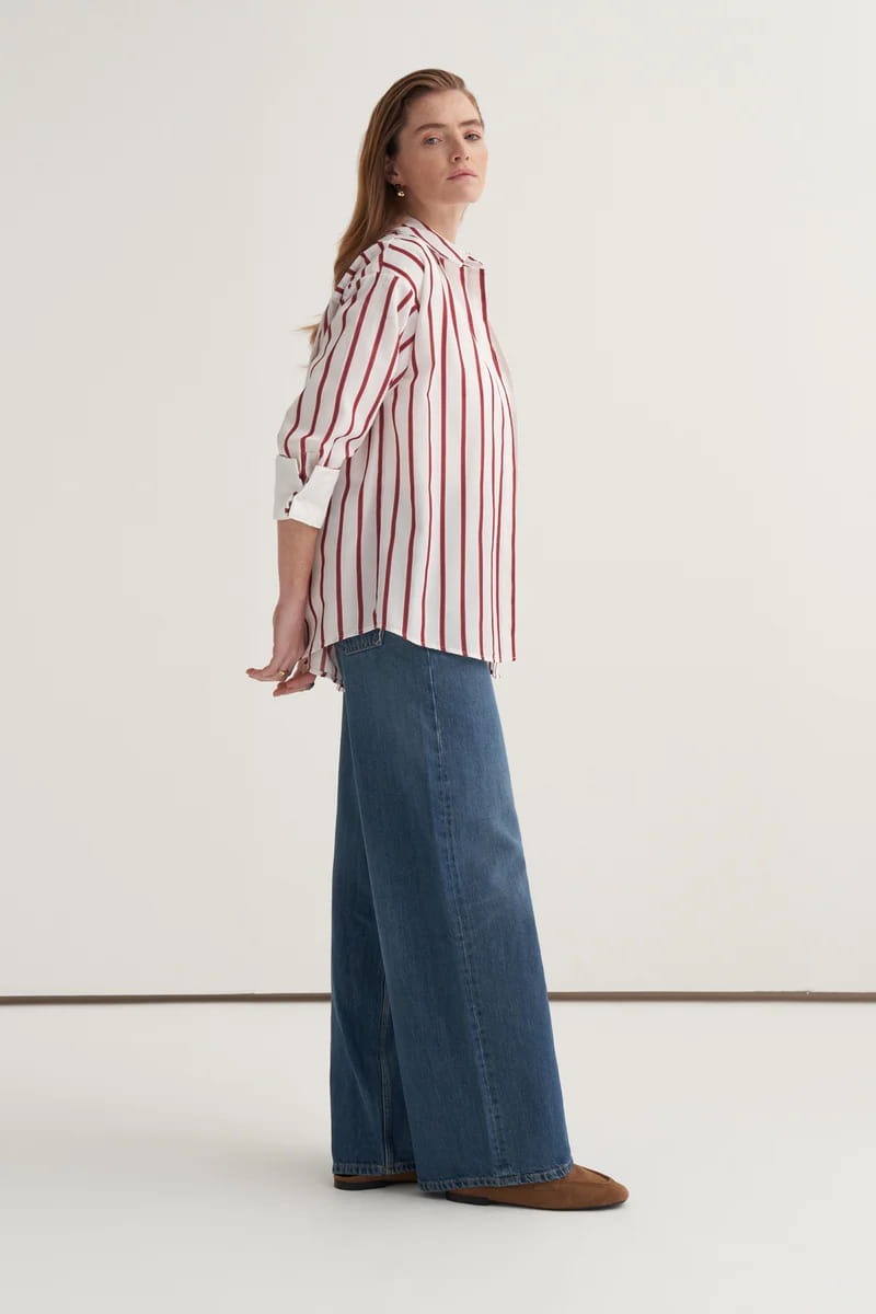 Burgundy striped poplin contrast-cuff shirt