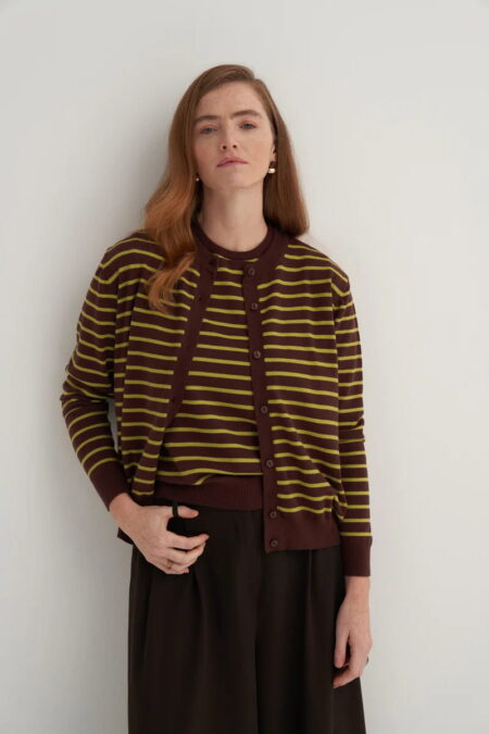 Green striped viscose knitwear t-shirt cardigan set