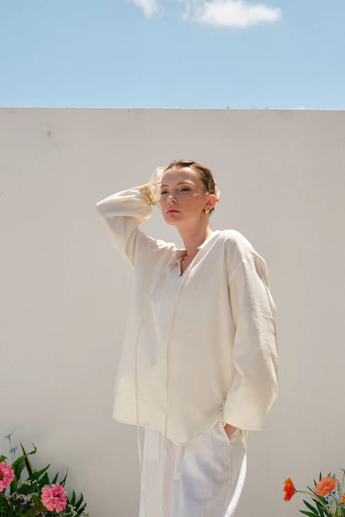 Ecru organic cotton v-neck blouse