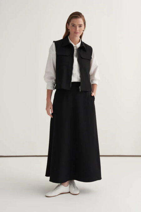 Black gabardine vest skirt suit