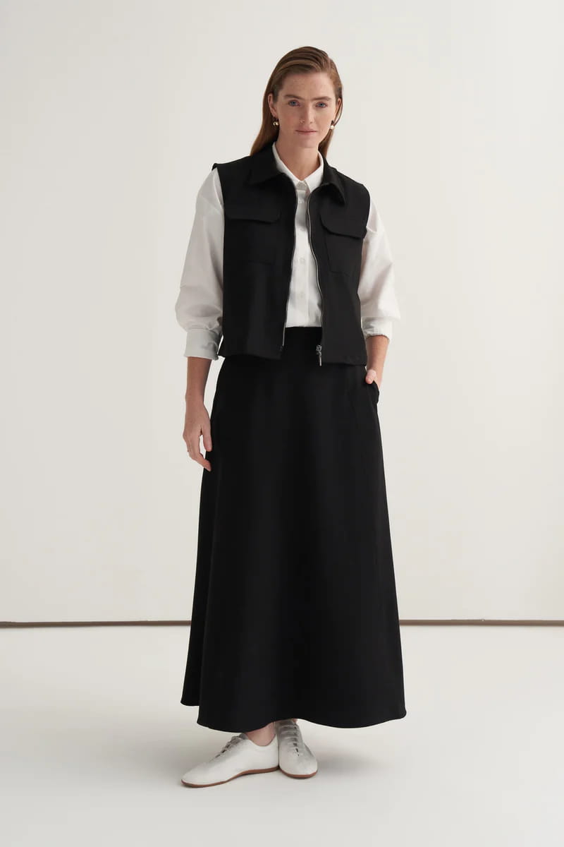 Black gabardine vest skirt suit