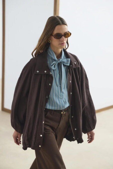 Brown high collar gathered bomber jacket