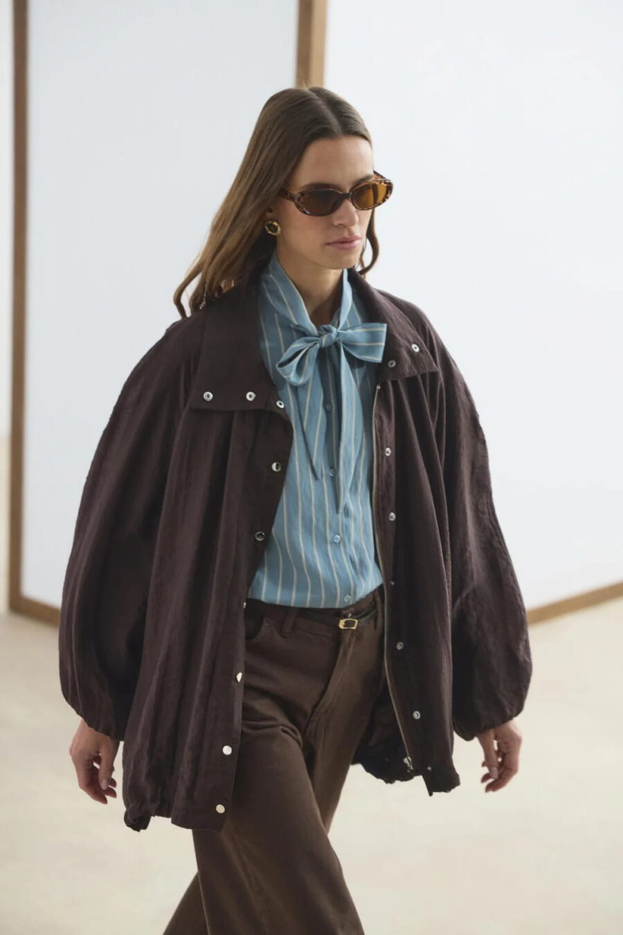 Brown high collar gathered bomber jacket