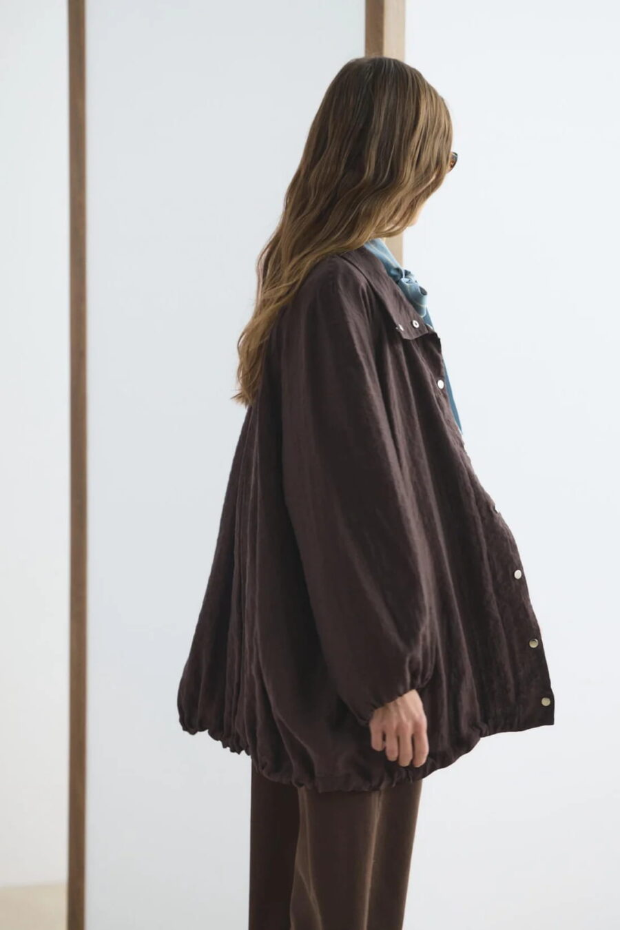 Brown high collar gathered bomber jacket