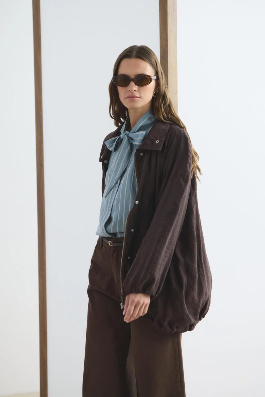 Brown high collar gathered bomber jacket