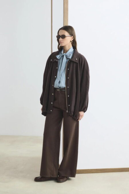 Brown high collar gathered bomber jacket