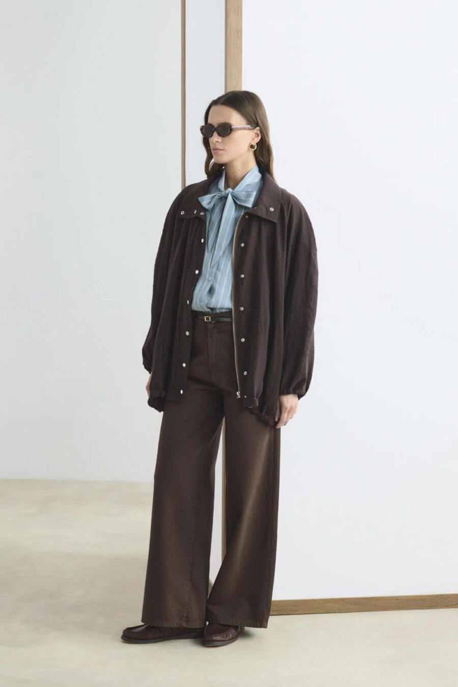 Brown high collar gathered bomber jacket