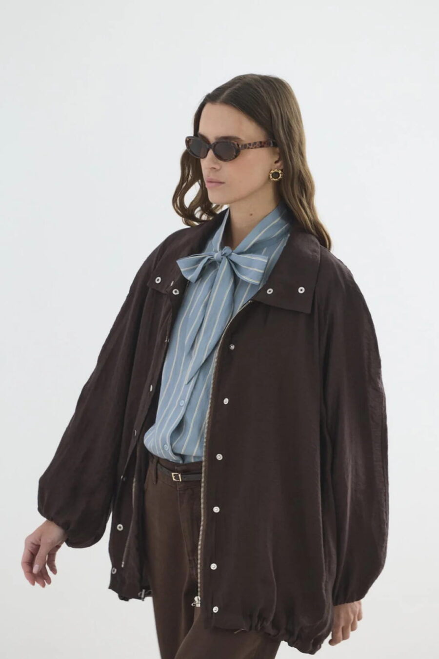 Brown high collar gathered bomber jacket