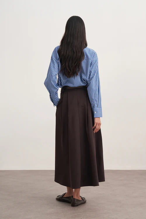 Brown gabardine double-pleated skirt