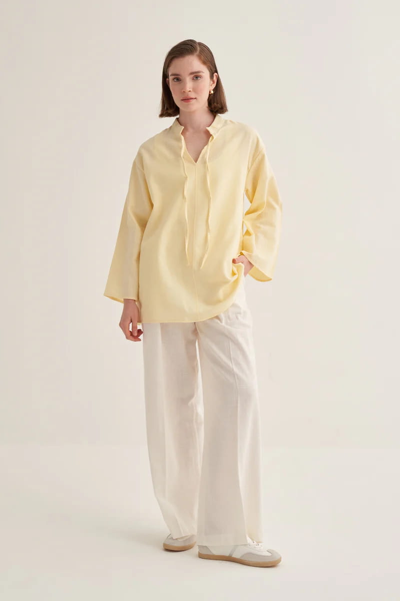 Butter yellow organic cotton v-neck blouse