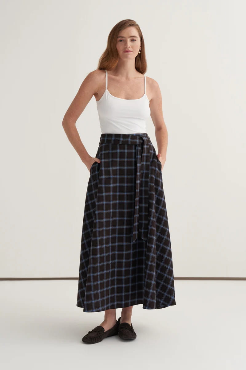 Blue plaid flared skirt