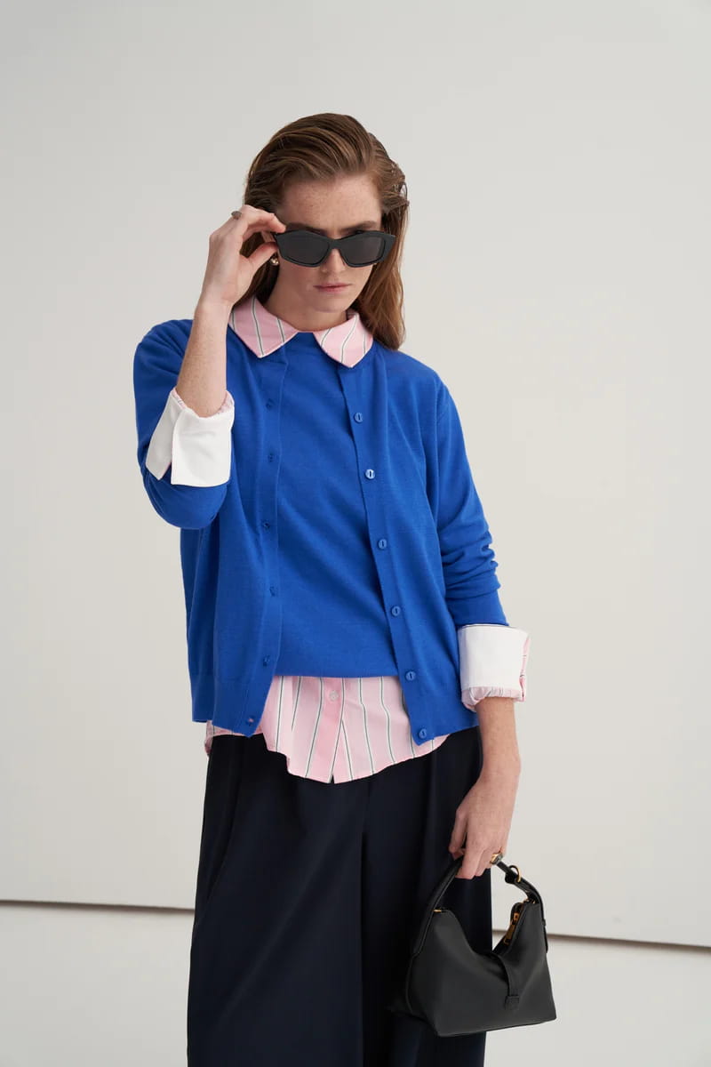 Cobalt blue viscose knitwear t-shirt cardigan set