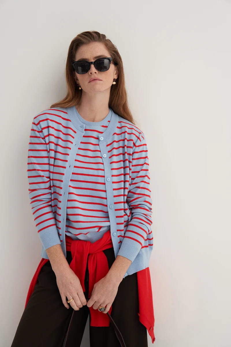 Red striped viscose knitwear t-shirt cardigan set