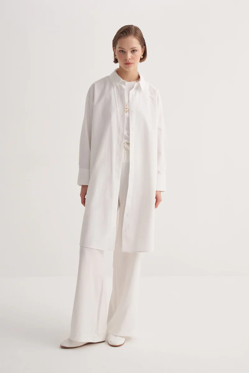 Ecru poplin basic long shirt