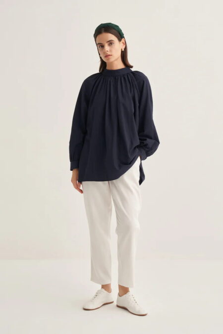 Navy collared poplin blouse