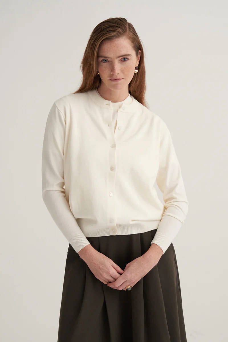 Ecru viscose knitwear t-shirt cardigan set