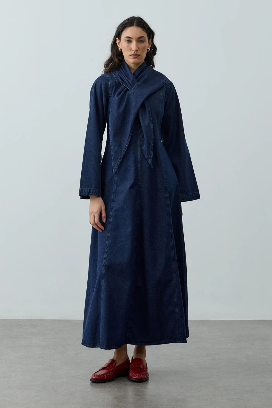 Navy denim dress with scarf detail