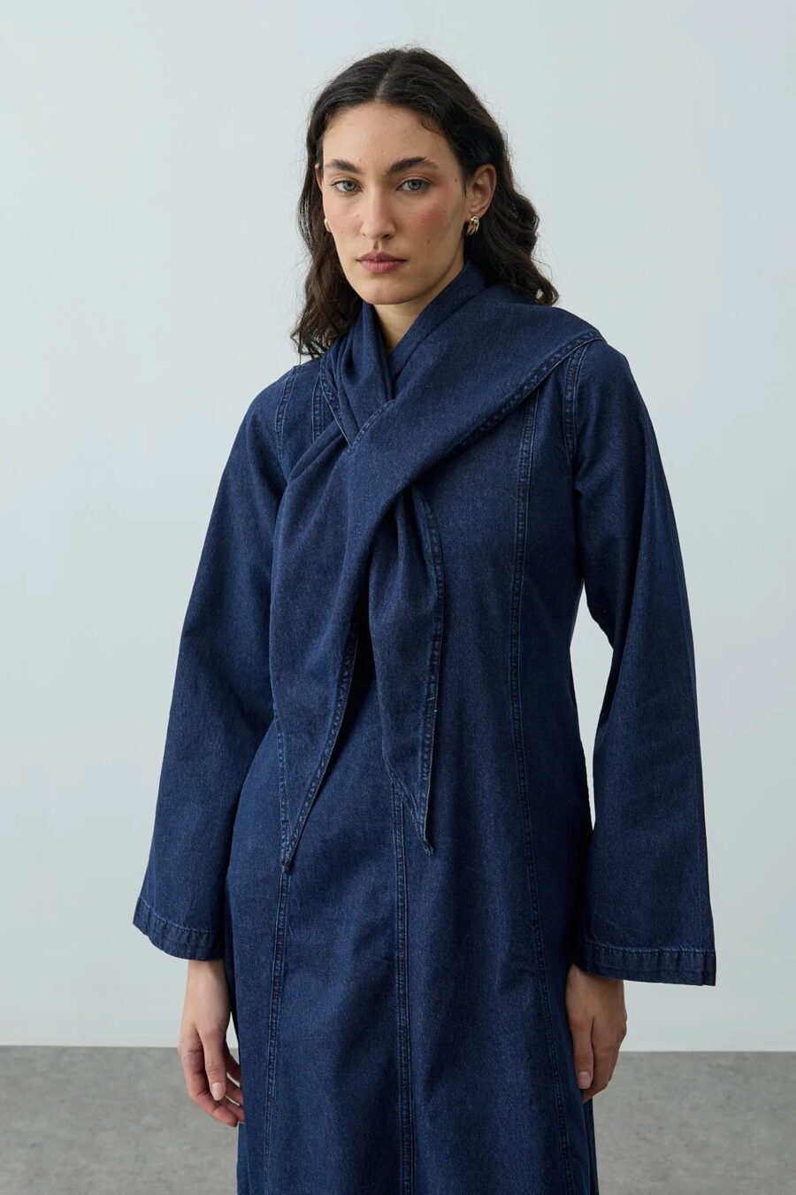 Navy denim dress with scarf detail