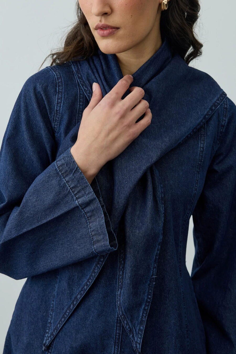 Navy denim dress with scarf detail