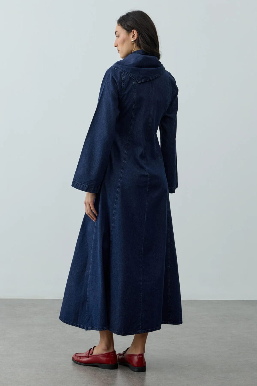 Navy denim dress with scarf detail