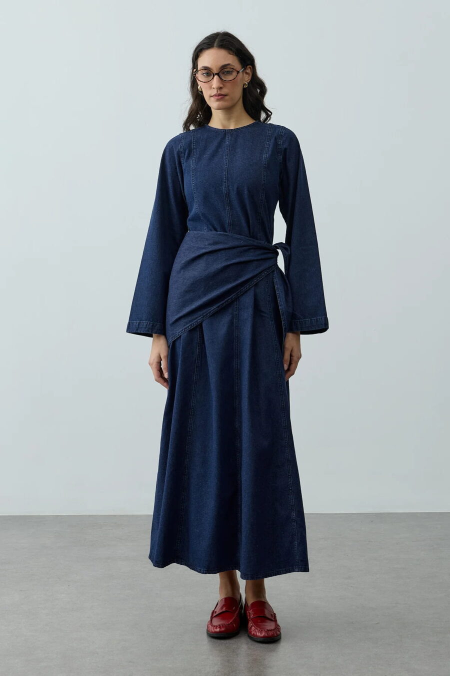 Navy denim dress with scarf detail