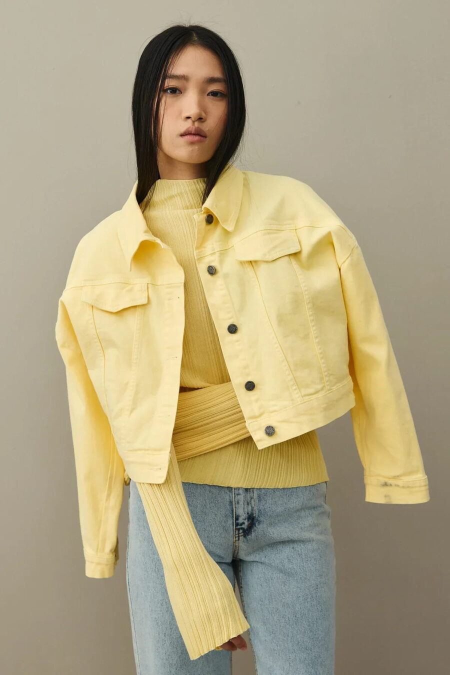 Yellow oversized cropped denim jacket