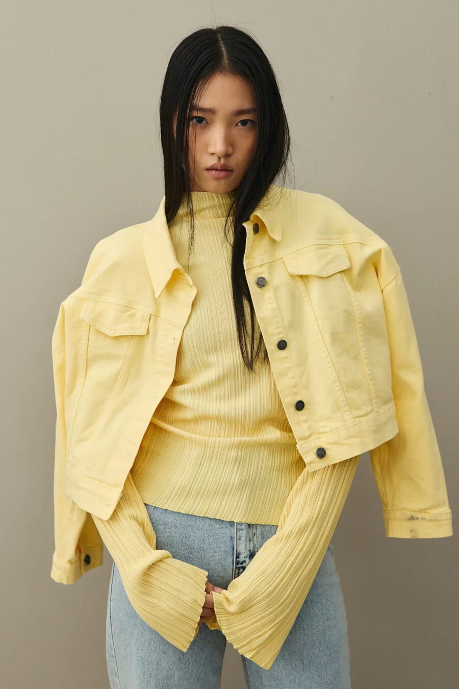 Yellow oversized cropped denim jacket