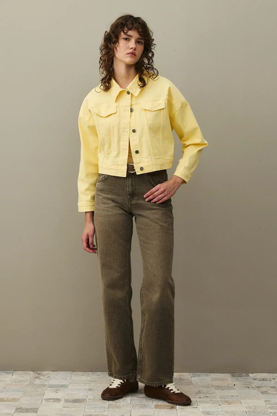 Yellow oversized cropped denim jacket