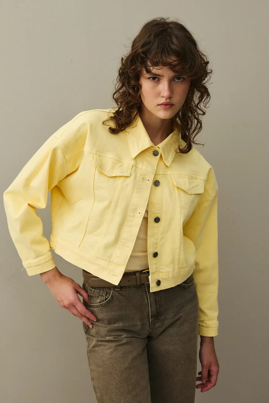 Yellow oversized cropped denim jacket