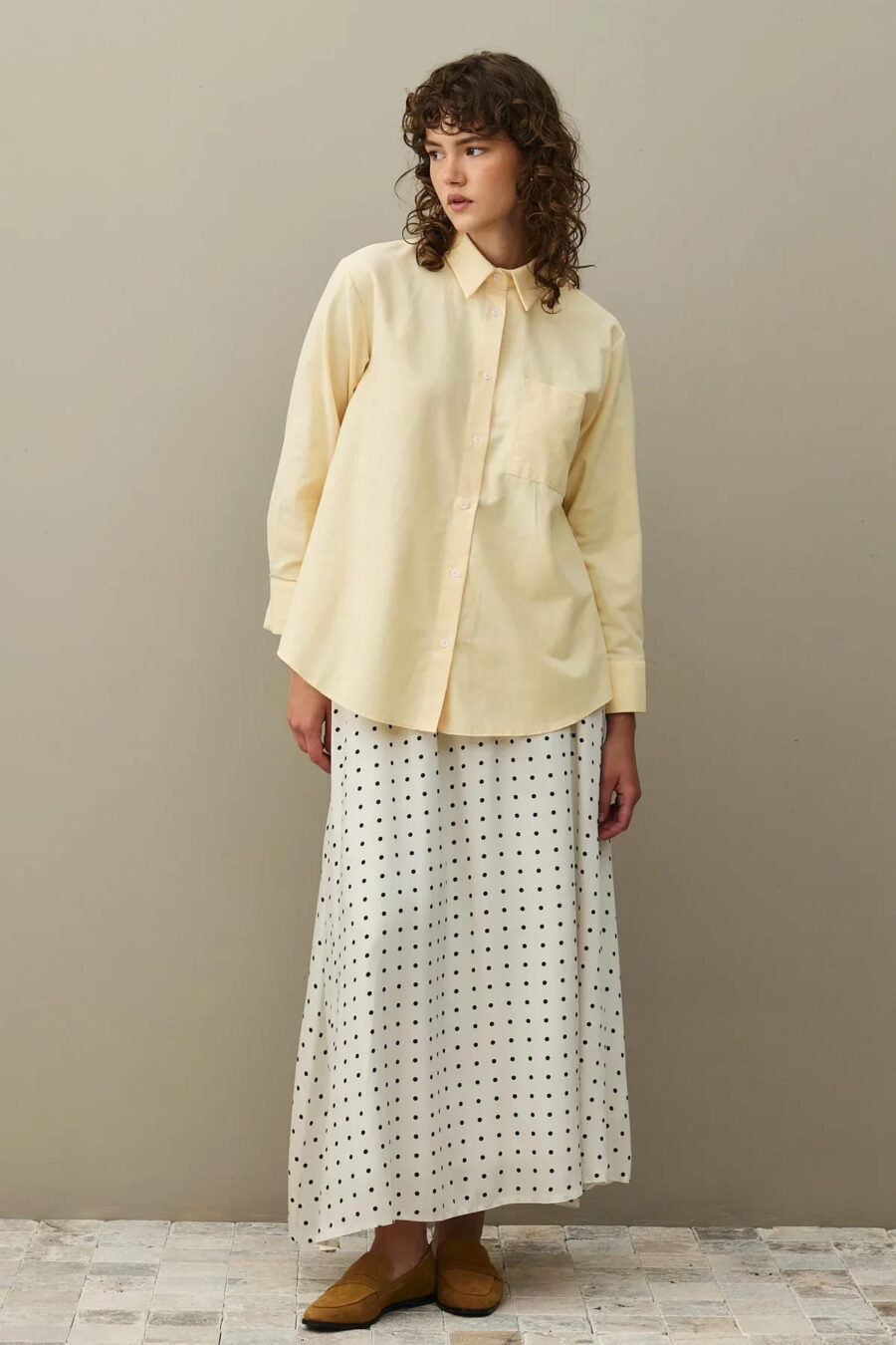 Ecru twill polka dot flared skirt