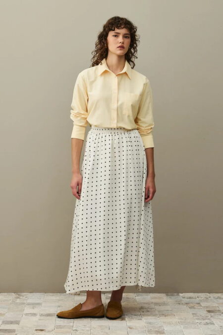 Ecru twill polka dot flared skirt