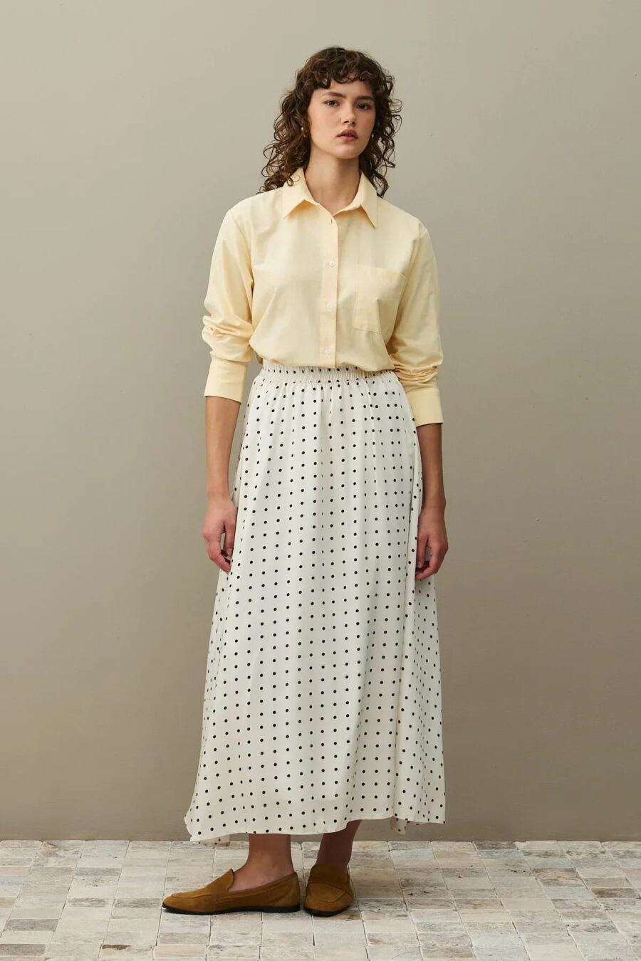 Ecru twill polka dot flared skirt