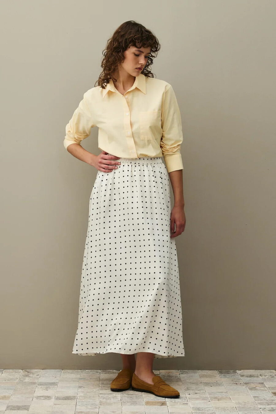 Ecru twill polka dot flared skirt