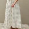 Ecru twill polka dot flared skirt