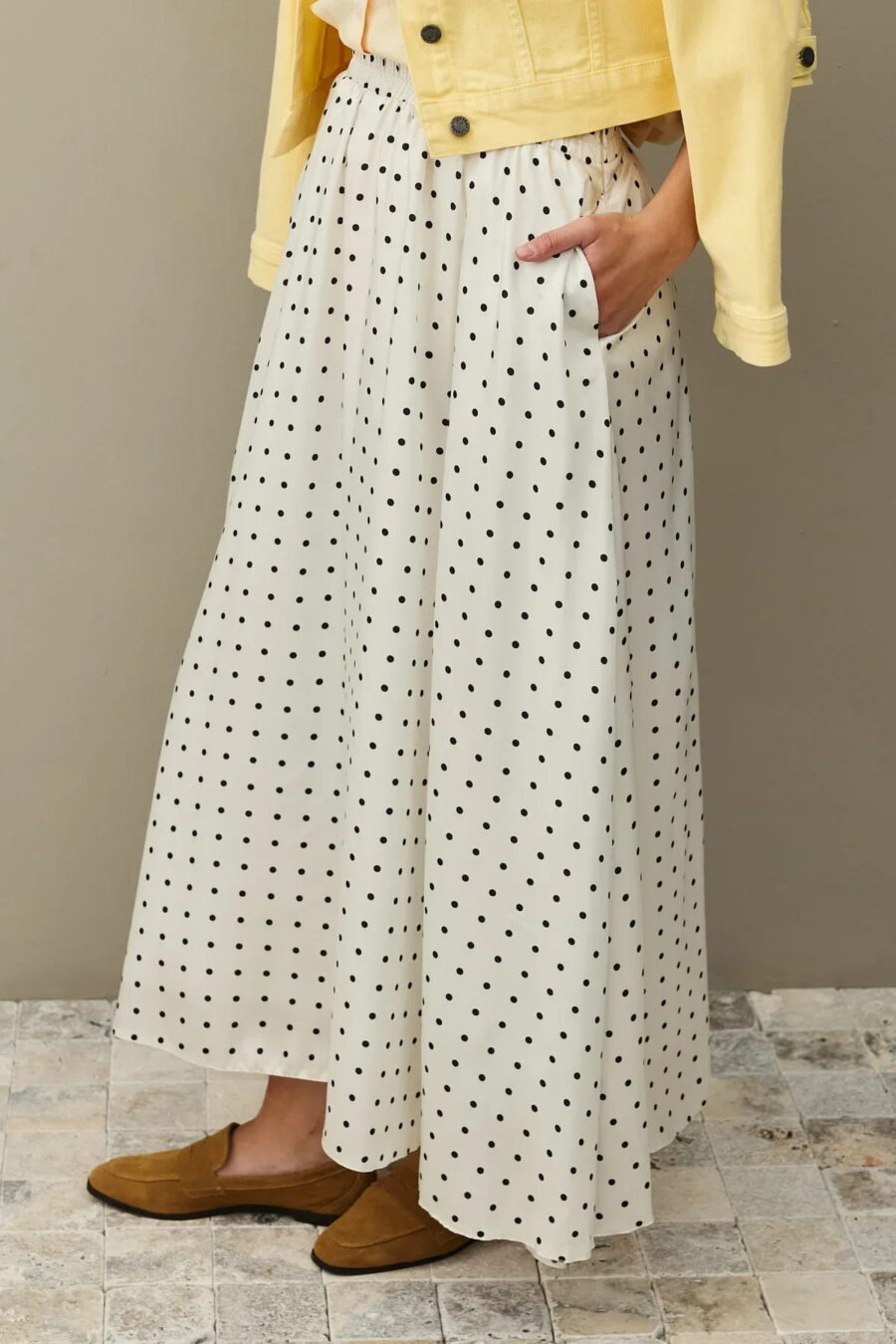 Ecru twill polka dot flared skirt