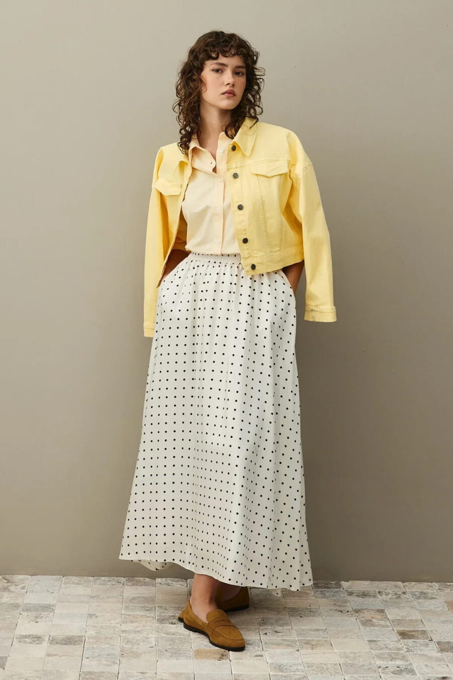 Ecru twill polka dot flared skirt